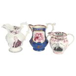 2 Victorian lustre jugs, depicting Queen Victoria, and King William IV, and a Sunderland lustre jug,