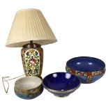 2 Doulton bowls, largest 25cm, a Continental bowl with white metal mounts, and a ceramic lamp and