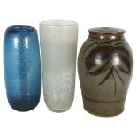 A Studio pottery jar and cover, with stylised decoration, 2 Art glass vases, tallest 35cm