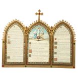 A religious printed triptych in ornate gilt-metal frame, width 50cm