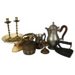 A pair of candlesticks, 20cm, brass desk bell, kitchen scales and weights etc