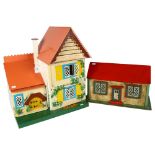 A pair of Vintage wooden doll's houses, countryside cottages, largest H48cm, L42cm, D32cm