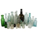 A quantity of Vintage codd bottles, and various other Vintage glass bottles, etchings on bottles