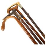 A horn-handled walking cane, and 2 others, and a horn-handled riding crop (4)