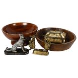A group of Oriental items, including 2 turned wood bowls, Thai bronze figurines, and a jewellery box