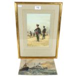 A framed watercolour, signed but artist unclear, of the 60th Rifles circa 1832, a maritime