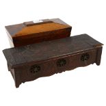 A carved and pierced wooden box (A/F), and a sarcophagus design tea caddy, length 25cm