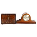 A walnut-cased mantel clock, and a mahogany Napoleon hat chiming mantel clock, largest length