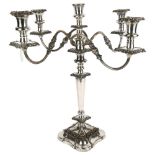 A large silver plate on copper 4-branch table candelabra, height 50cm (middle sconce missing)