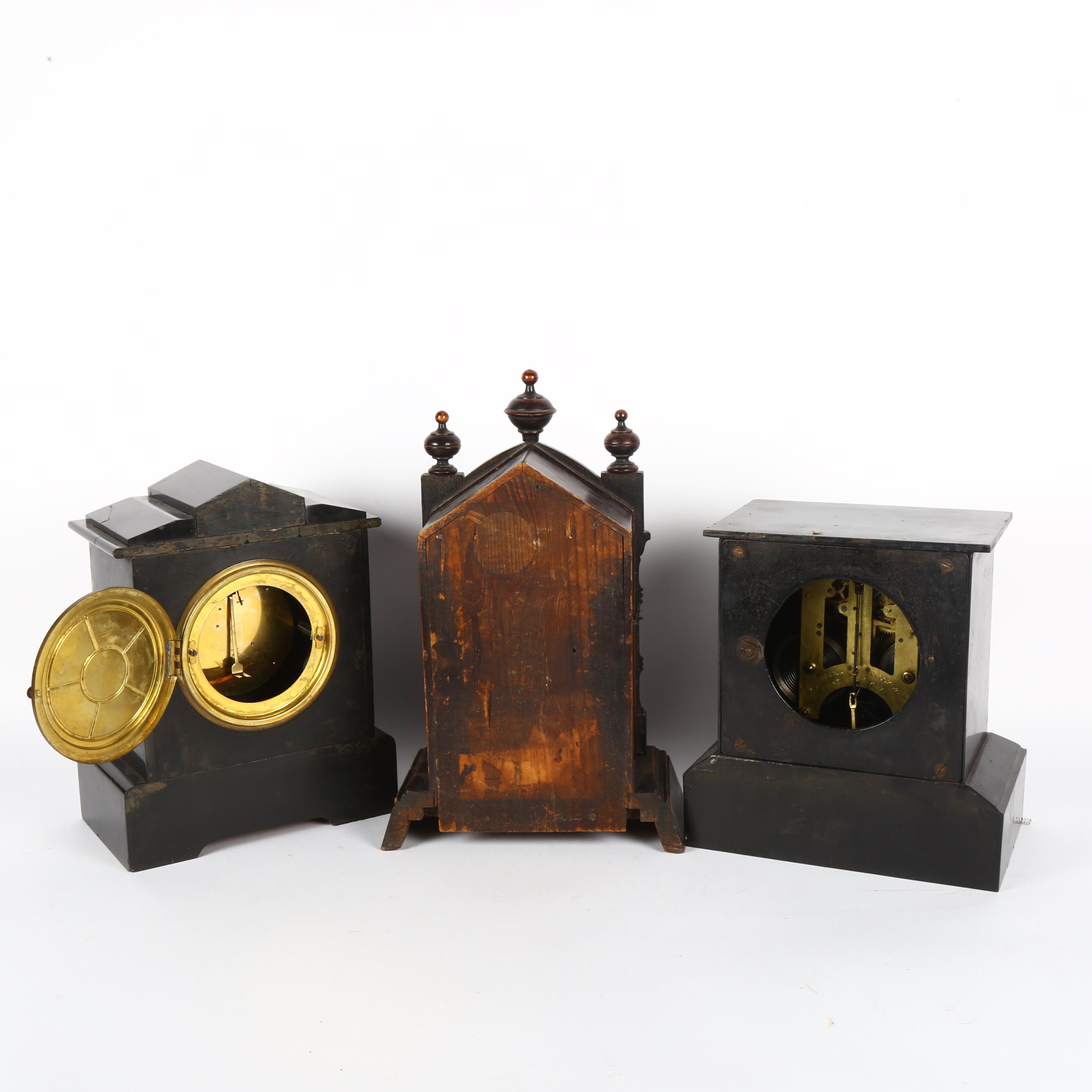 An American Ansonia Clock Company black metal-cased mantel clock, a Victorian black slate mantel - Image 2 of 2