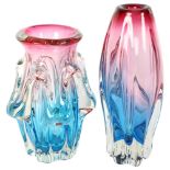 2 coloured Art glass vases, tallest 25cm