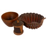 A large carved mahogany clam shell bowl, a turned oak bowl, and turned wood twine dispenser (3)
