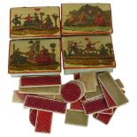 4 x 18th century lacquer gaming boxes, polychrome transfer decorated lids in Vernis Martin style,