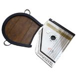 A Vintage table harp, and a horse shoe-shape tea tray with stirrup handles