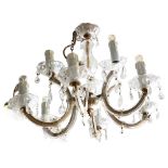 A 6-branch 2-tier brass and glass lustre chandelier, drop 44cm