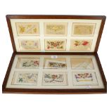 2 oak-framed sets of early 20th century embroidered postcards, including military, frame size 27cm x