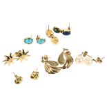 6 pairs of 9ct gold earrings, including stone set and drop pearl, 16.9g gross