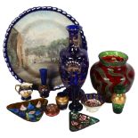 A quantity of glassware and ceramics, including various Bohemian overlay vases, an Art glass vase