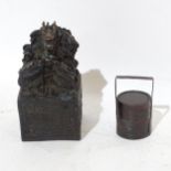 A Chinese patinated bronze desk seal with dragon mount, height 17cm, and a small Chinese bronze