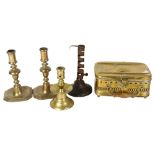 A pair of bronze candlesticks, 18cm, 2 others, and a French brass box with pierced decoration on