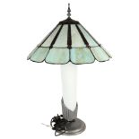 An Art Deco style table lamp with coloured lead blue glass, height 79cm