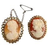 2 relief carved cameos, in scrolled and pierced 9ct gold mounts