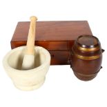 A Vintage mahogany wooden box, a pestle and mortar etc