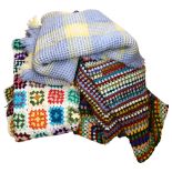 A waffle throw, a crochet wool bedspread and a patchwork crochet throw, 215cm x 150cm