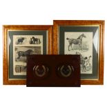 A pair of framed prints of carthorses, and a riding crop rack, 45cm across