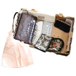 A group of Vintage evening bags, a handbag, tapestry purse etc