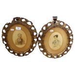 A pair of Georgian oval painted portraits, in ornate pierced gilt frames (A/F), height 34cm