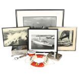 A quantity of maritime pictures, framed photographs, buttons, lighters etc