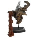 2 carved wood sculptures - girl with owl, 38cm, and an iguana on a branch