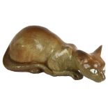 A large Lladro brown/grey glazed cat, length 40cm