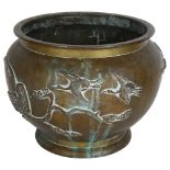 A large Antique Japanese bronze jardiniere, with engraved and relief decoration of cranes, overall