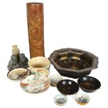 A group of Oriental items, including a bamboo brush pot, a gilded and lacquered papier mache bowl, a