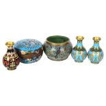 A group of cloisonne items, to include 3 small vases, box and cover, and a bowl (5)