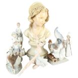 A composition bust of a girl, 44cm, 6 Lladro figures and a Royal Dux ballet dancer