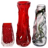 2 Whitefriars knobbly vases, red and clear glass, and a textured coffin-shaped vase (3), tallest