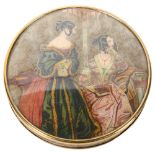 A large French box circa 1840, with polychrome printed lid depicting 2 ladies in contemporary dress,