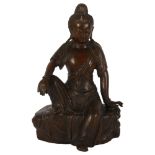 A Chinese patinated bronze seated Buddha, with inlaid wirework clothing, height 30cm Good condition,
