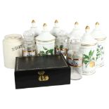 A set of 6 Limoges kitchen storage jars and covers, 26cm, a syrup jar, and 3 glass chemist's jars