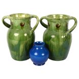 A pair of 2-handled green glaze vases, and a Pilkington's vase