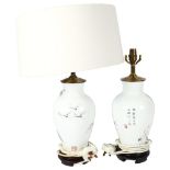 A pair of Japanese porcelain table lamps, with design of mountains and cranes, with matching white