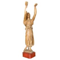 An 18th century carved wood religious figure with outstretched arms, on later stand, height 93cm