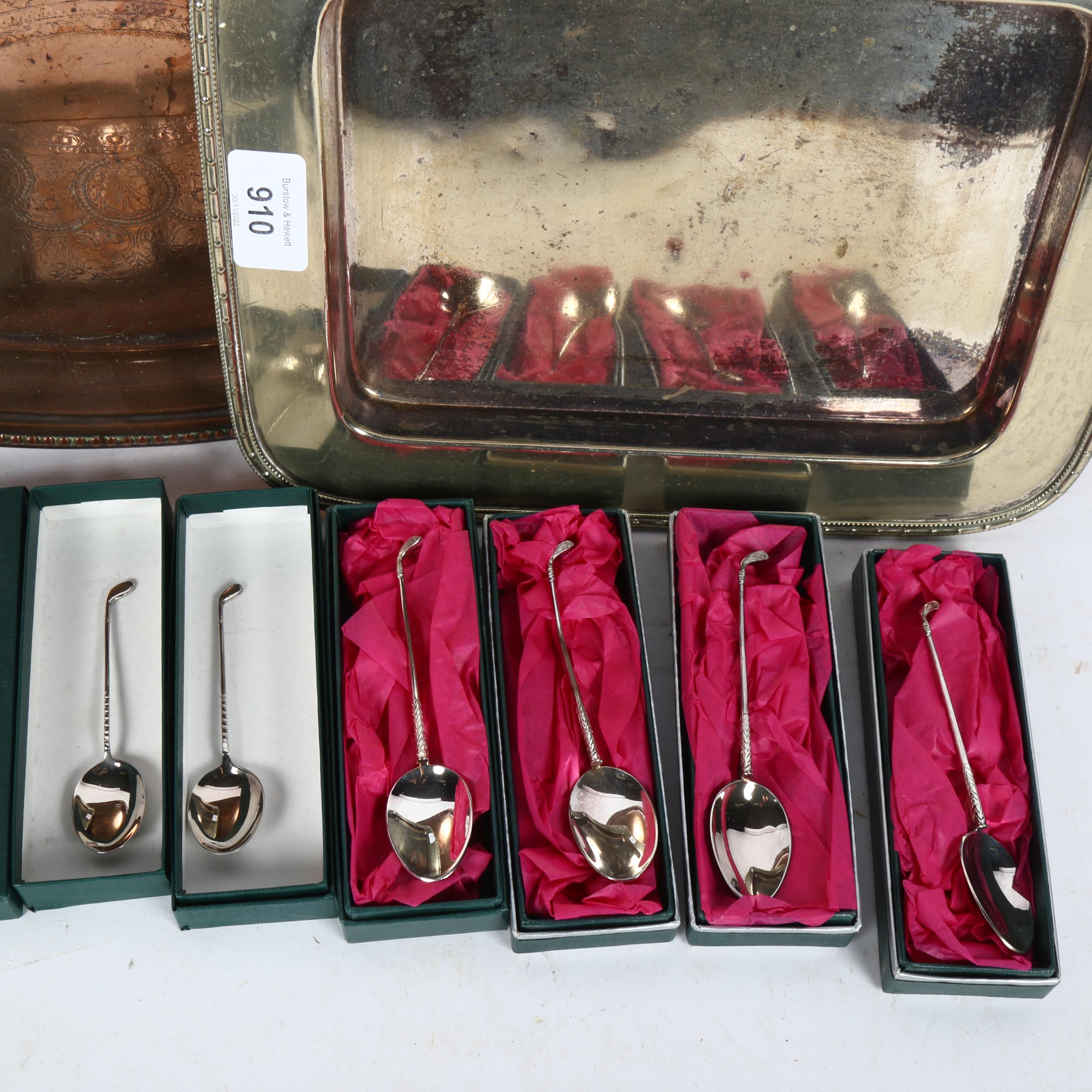 A set of 6 modern silver teaspoons, with golf club handles, and 2 silver plated serving trays - Image 2 of 2