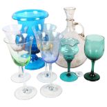 A harlequin set of 4 goblets, 22cm, a 2-handled blue glass vase etc