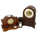 An Antique dome-top mantel clock, 28cm, an inlaid mantel clock, a small brass carriage clock (A/