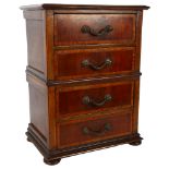 An Antique table-top inlaid mahogany chest of 4 drawers, with embossed brass handles, H44cm, W30.