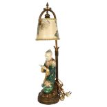 A Japanese 19th century porcelain figure of a man holding a book, mounted on a gilt-metal lamp